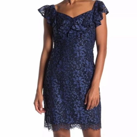 NWT TRINA TURK WOMENS PAULA BLUE FLORAL LACE RUFFLE FLUTTER SLEEVE DRESS size 2 - Picture 1 of 10